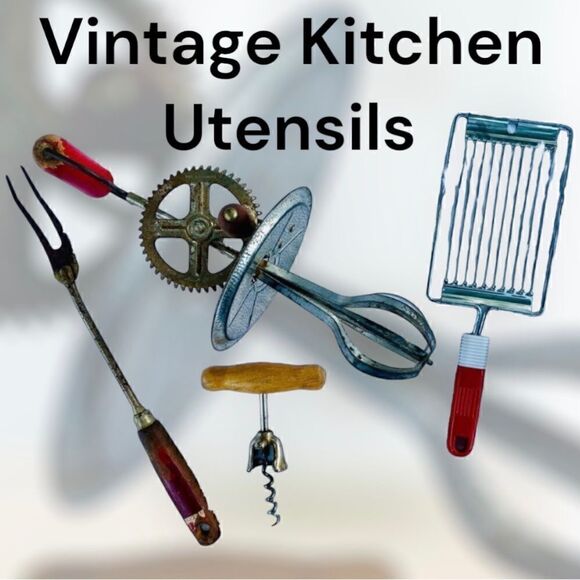 Vintage 4 pc Kitchen Utensils Hand Mixer-Cheese Grater-Fork-Wine Opener - Picture 1 of 8